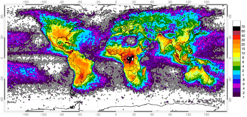Mapa mundial que muestra la frecuencia de impactos. Wikimedia Commons